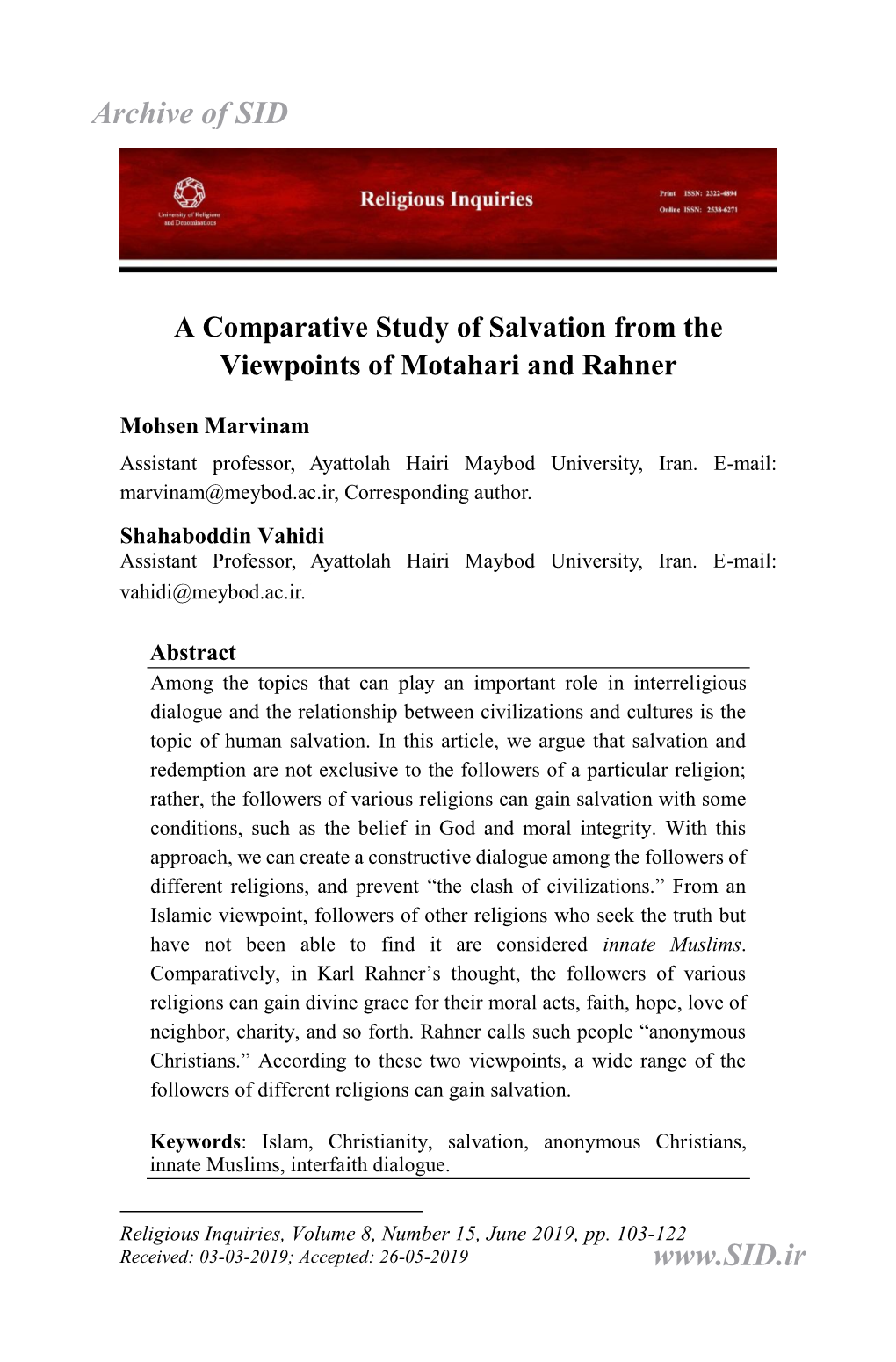 A Comparative Study of Salvation from the Viewpoints of Motahari and Rahner