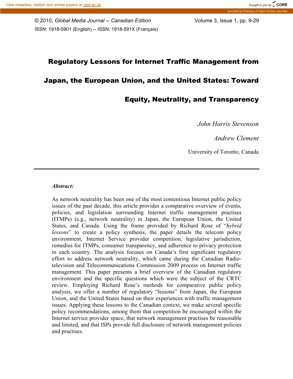 Regulatory Lessons for Internet Traffic Management from Japan, the European Union, and the United States: Toward Equity, Neutrality, and Transparency