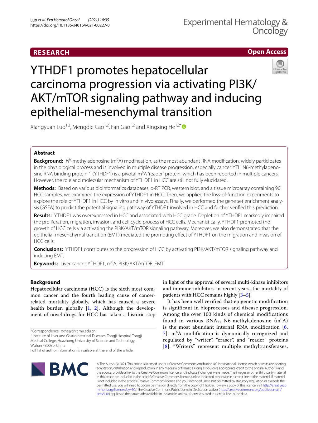 YTHDF1 Promotes Hepatocellular Carcinoma Progression Via Activating PI3K/AKT/Mtor Signaling Pathway and Inducing Epithelial-Mese