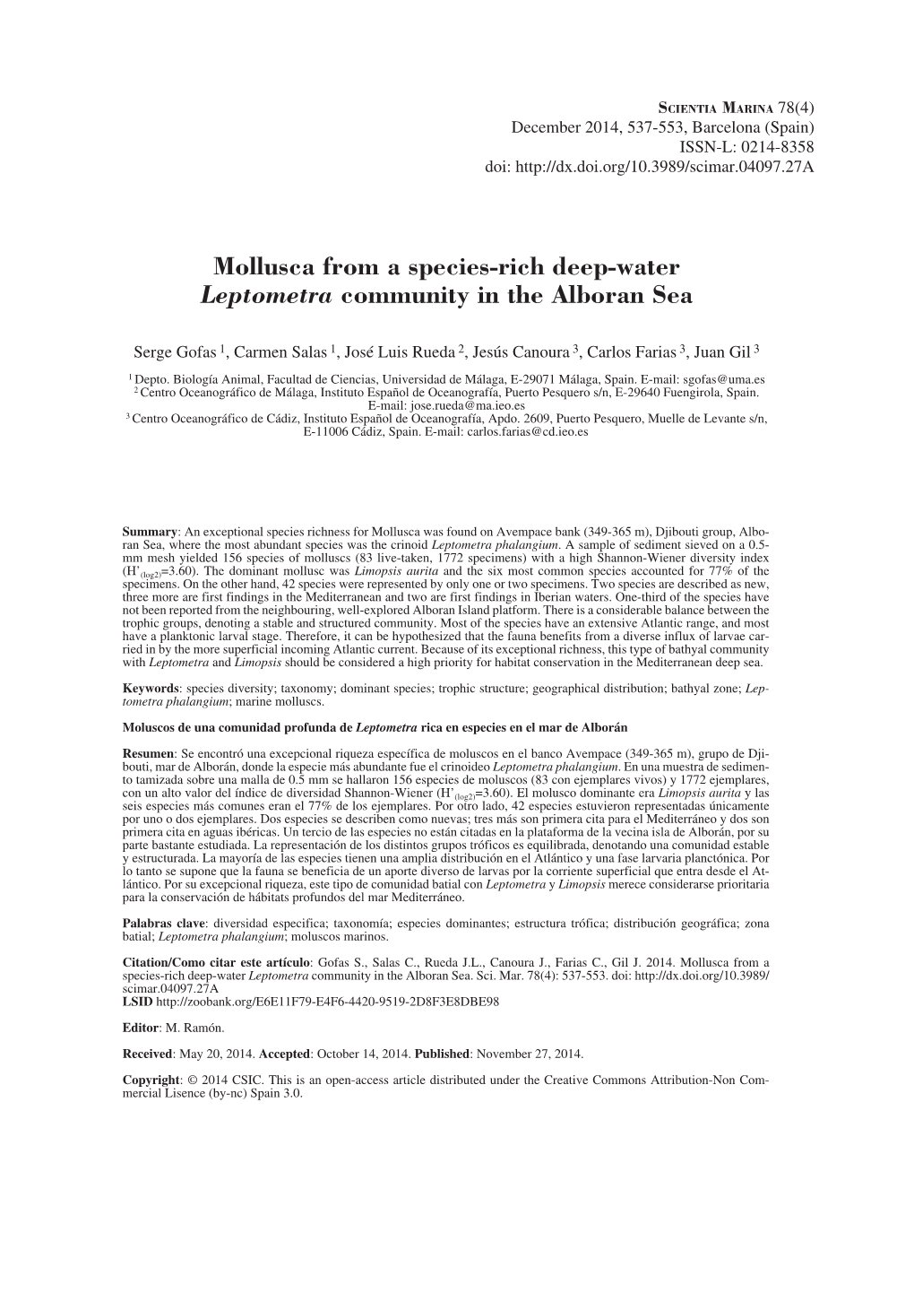 Mollusca from a Species-Rich Deep-Water Leptometra Community in the Alboran Sea