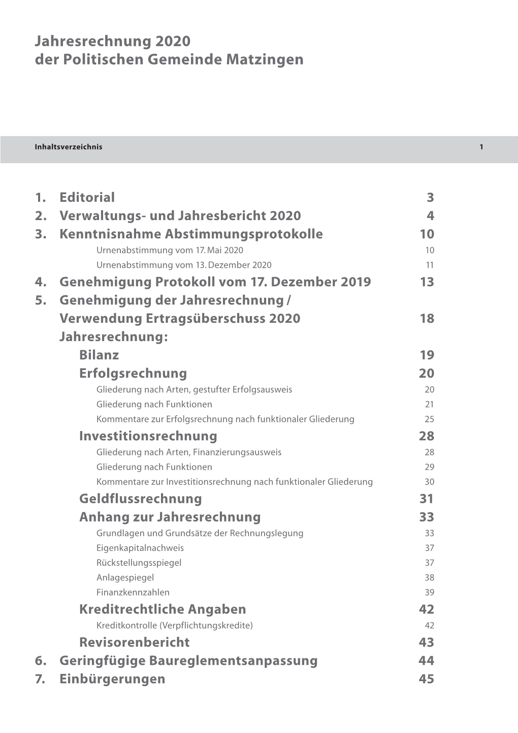 Jahresrechnung 2020 Der Politischen Gemeinde Matzingen