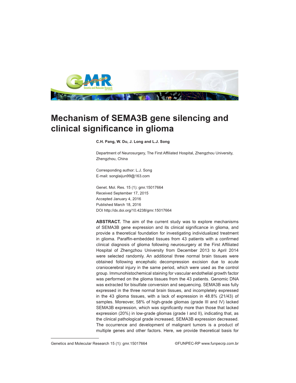 Mechanism of SEMA3B Gene Silencing and Clinical Significance in Glioma