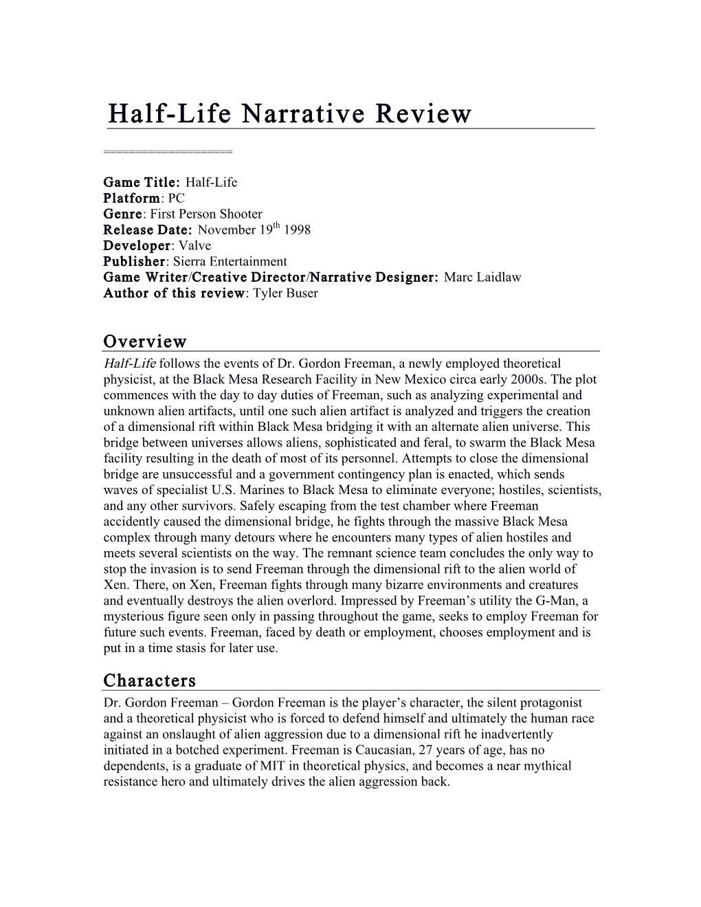 Half-Life Narrative Review