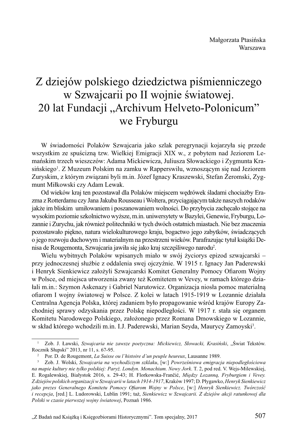 Z Dziejów Polskiego Dziedzictwa Piśmienniczego W Szwajcarii Po II Wojnie Światowej