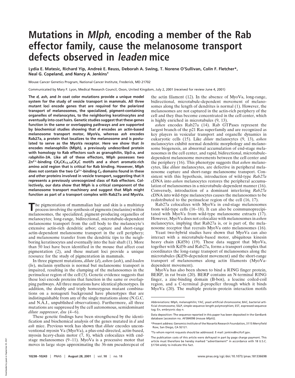 Mutations in Mlph, Encoding a Member of the Rab Effector Family, Cause the Melanosome Transport Defects Observed in Leaden Mice