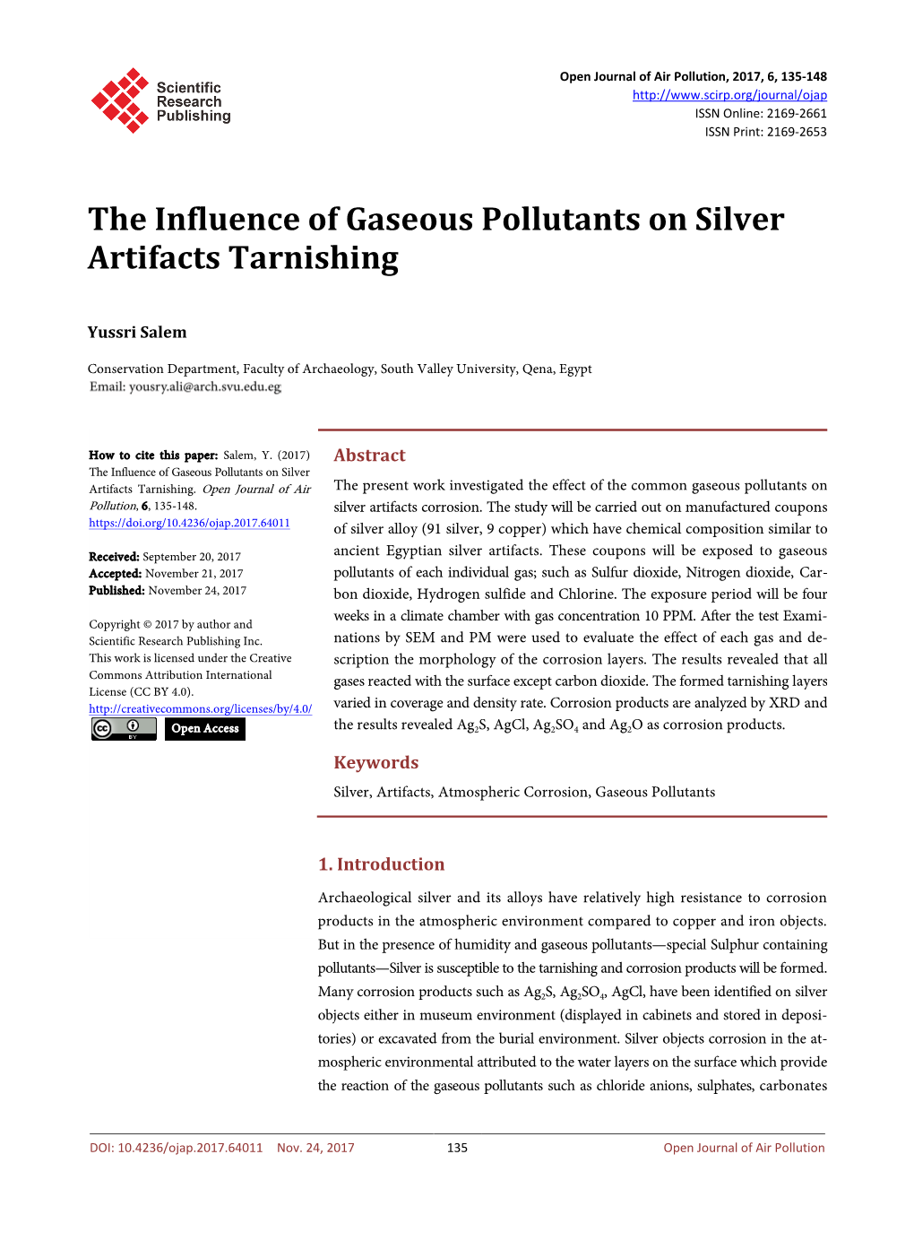 The Influence of Gaseous Pollutants on Silver Artifacts Tarnishing