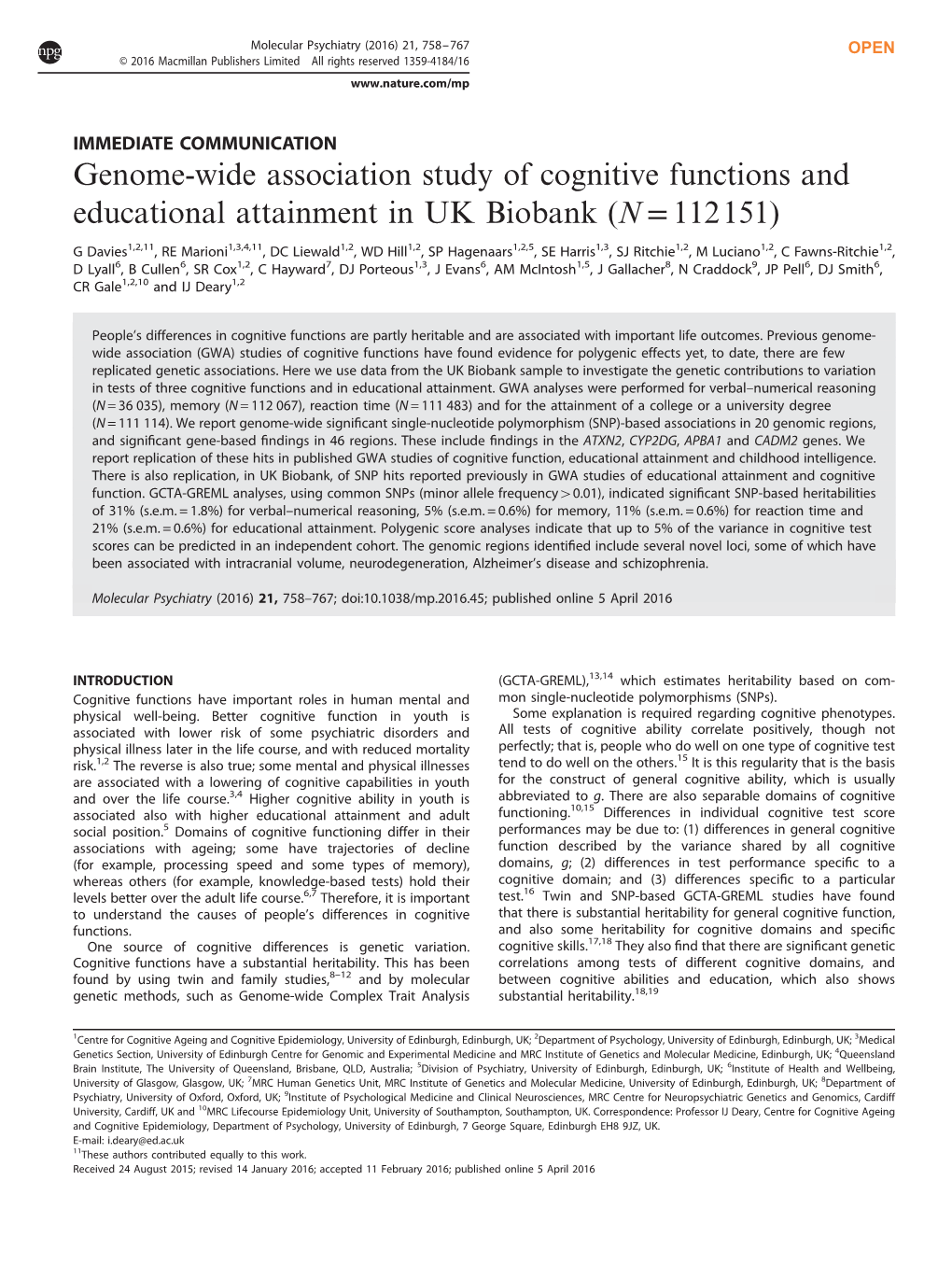 Genome-Wide Association Study of Cognitive Functions and Educational Attainment in UK Biobank (N = 112151)