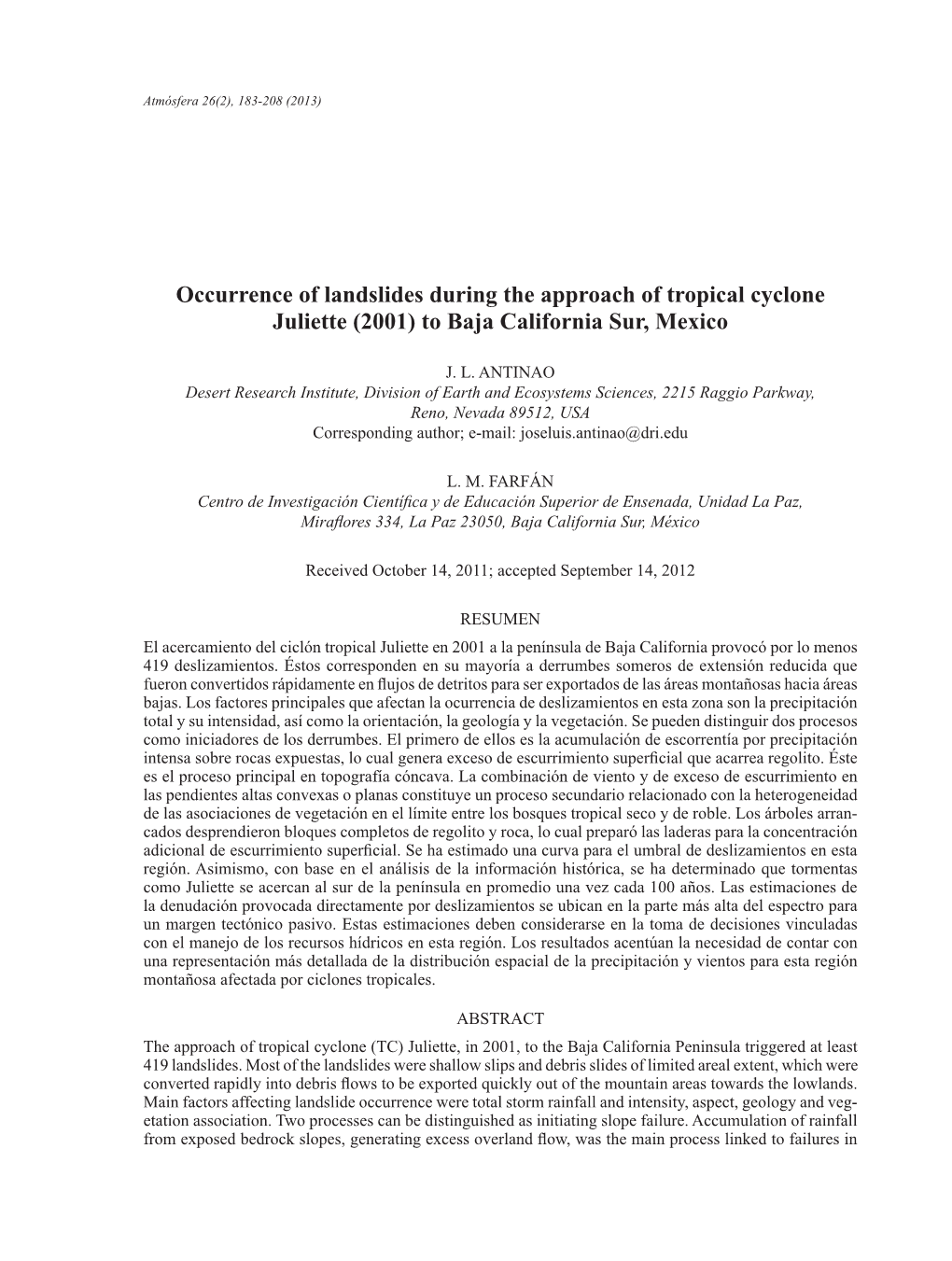 Occurrence of Landslides During the Approach of Tropical Cyclone Juliette (2001) to Baja California Sur, Mexico