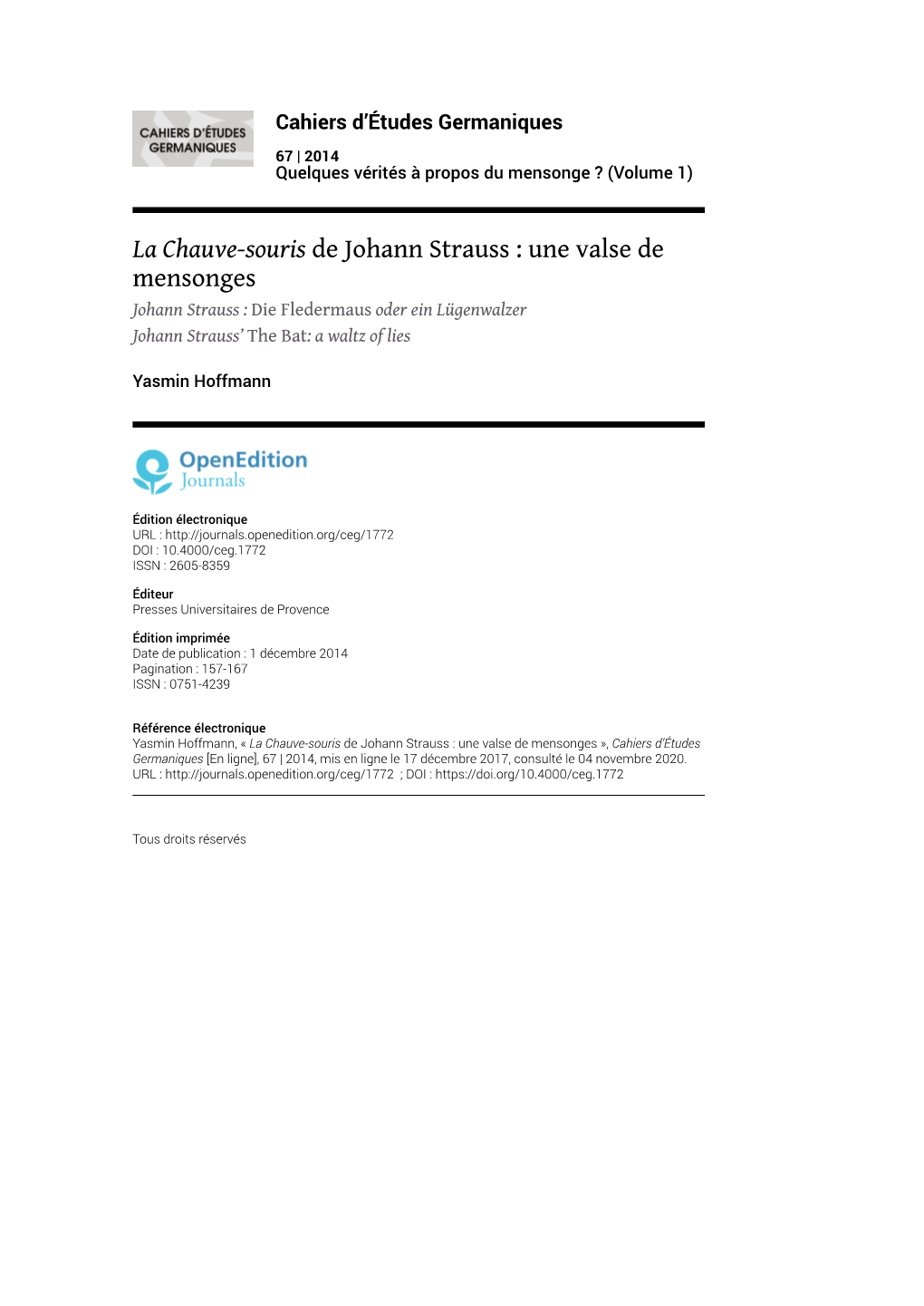 La Chauve-Souris De Johann Strauss : Une Valse De Mensonges Johann Strauss : Die Fledermaus Oder Ein Lügenwalzer Johann Strauss’ the Bat: a Waltz of Lies