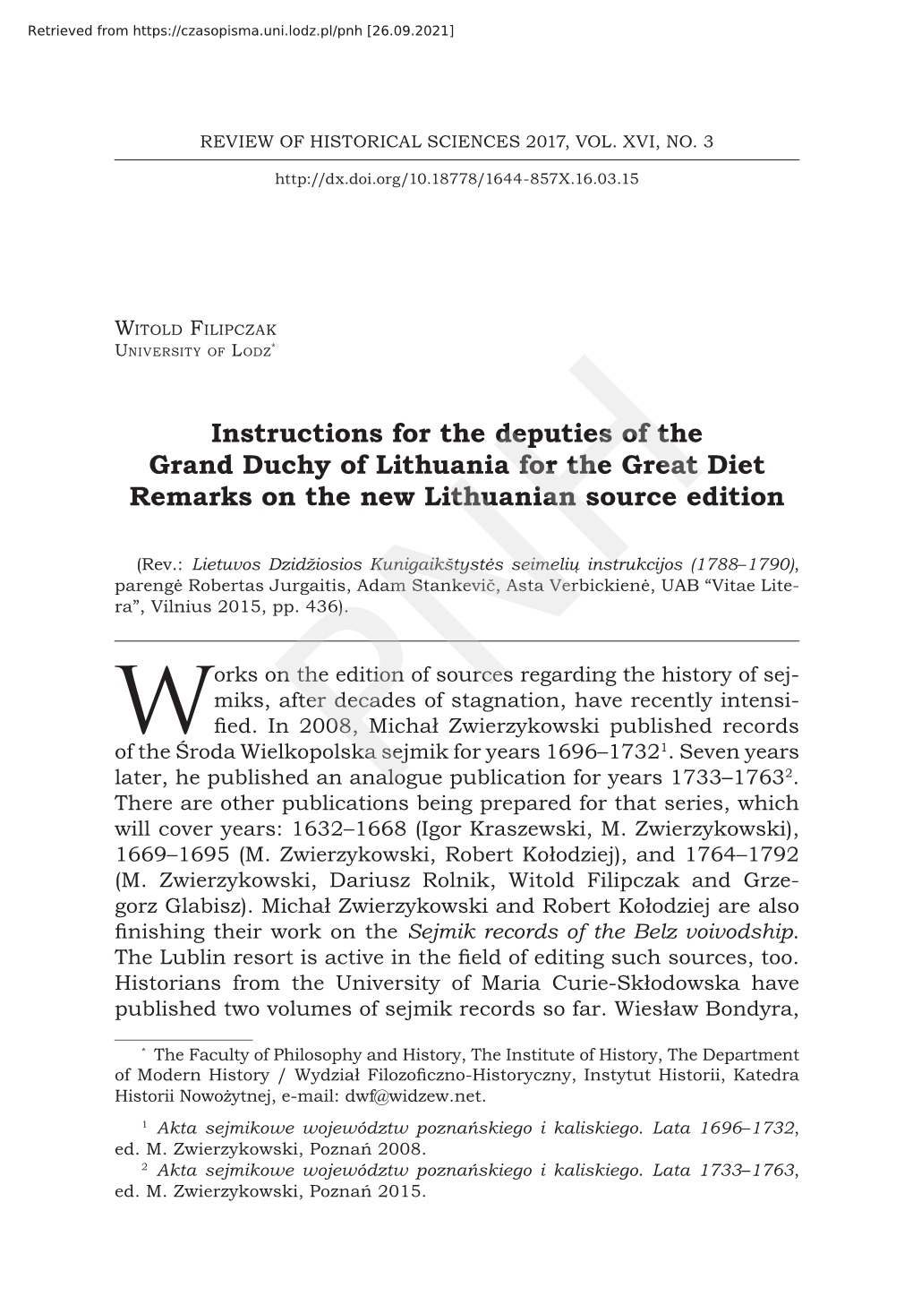 Instructions for the Deputies of the Grand Duchy of Lithuania for the Great Diet Remarks on the New Lithuanian Source Edition