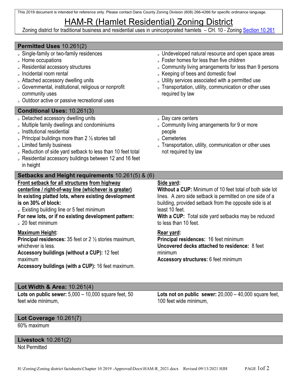 HAM-R Hamlet Residential Zoning District Fact Sheet