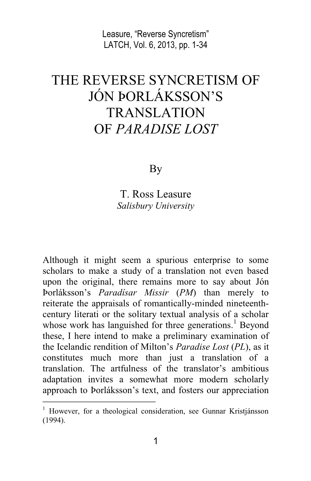 The Reverse Syncretism of Jón Þorláksson's Translation Of