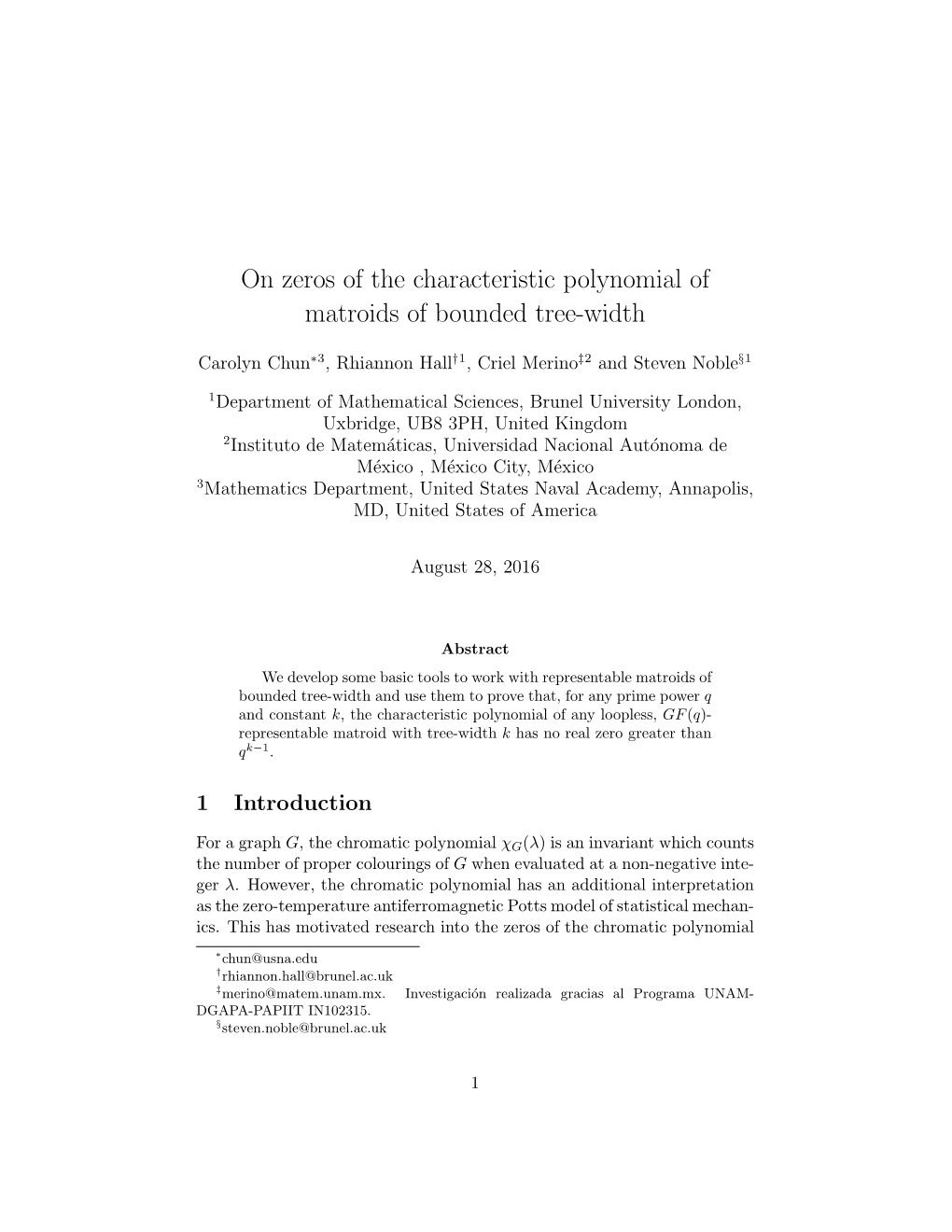 On Zeros of the Characteristic Polynomial of Matroids of Bounded Tree-Width