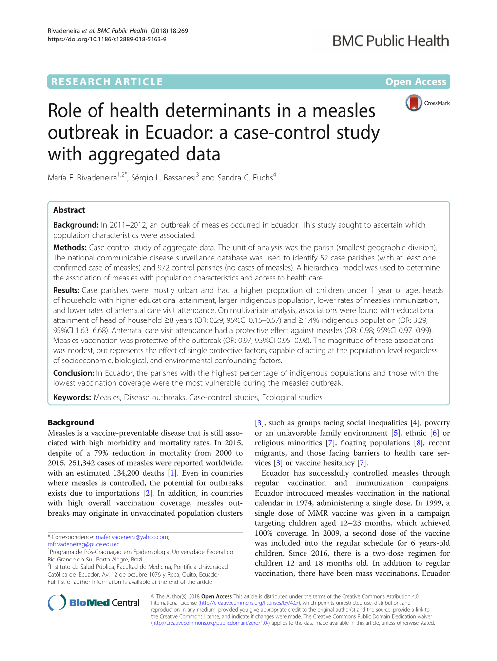 Role of Health Determinants in a Measles Outbreak in Ecuador: a Case-Control Study with Aggregated Data María F