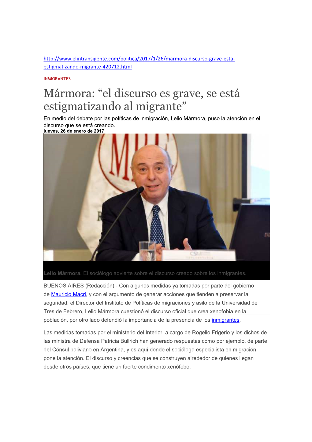 Mármora: “El Discurso Es Grave, Se Está Estigmatizando Al Migrante”