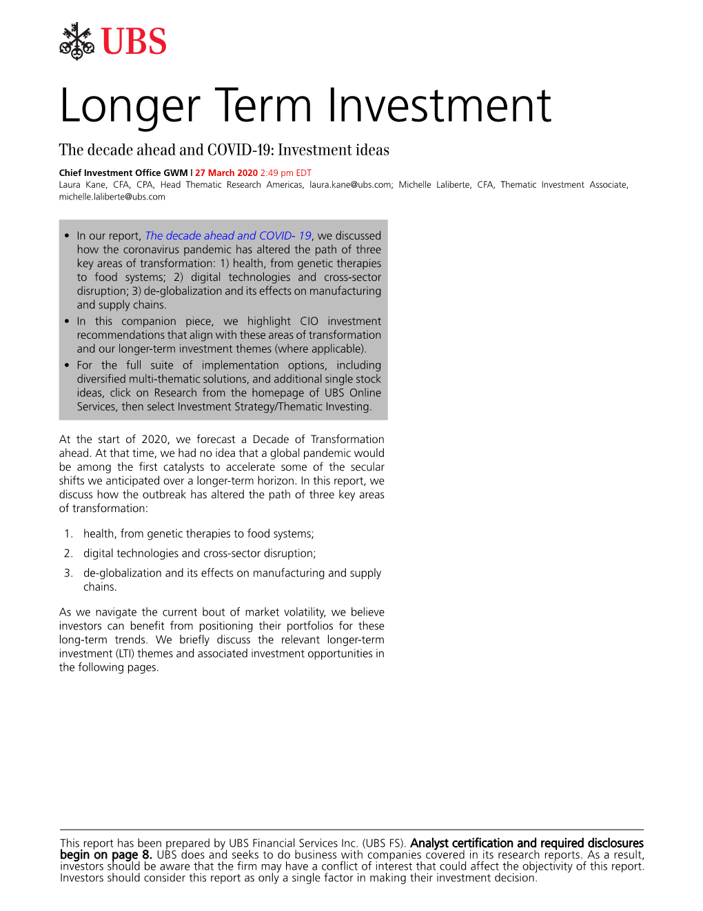 Longer Term Investment the Decade Ahead and COVID-19: Investment Ideas