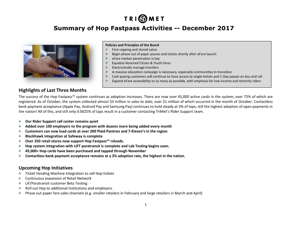 Summary of Hop Fastpass Activities -- December 2017