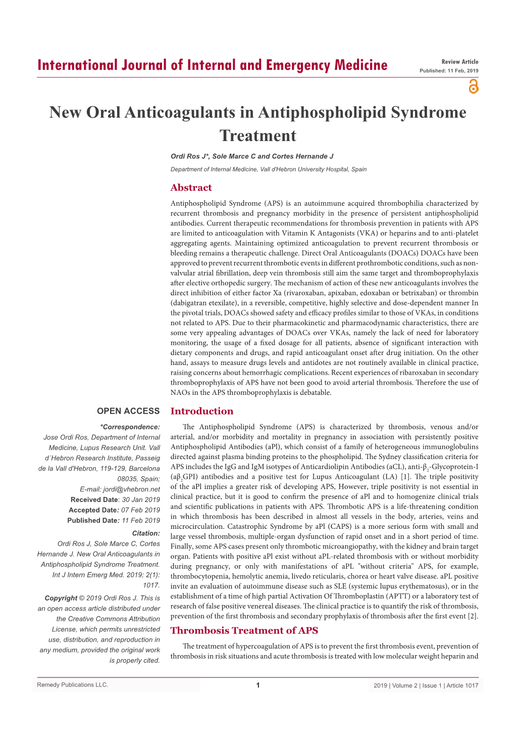 New Oral Anticoagulants in Antiphospholipid Syndrome Treatment