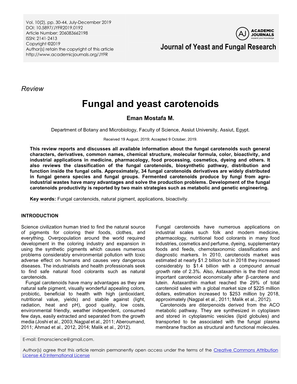 Fungal and Yeast Carotenoids