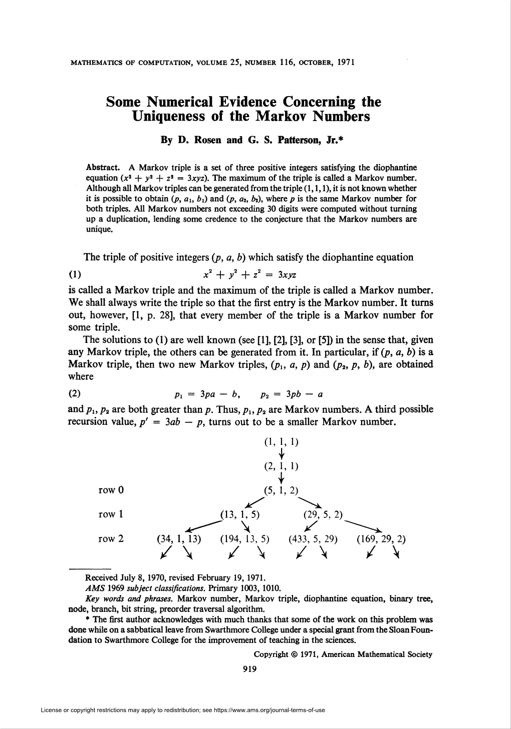 Some Numerical Evidence Concerning the Uniqueness of the Markov Numbers