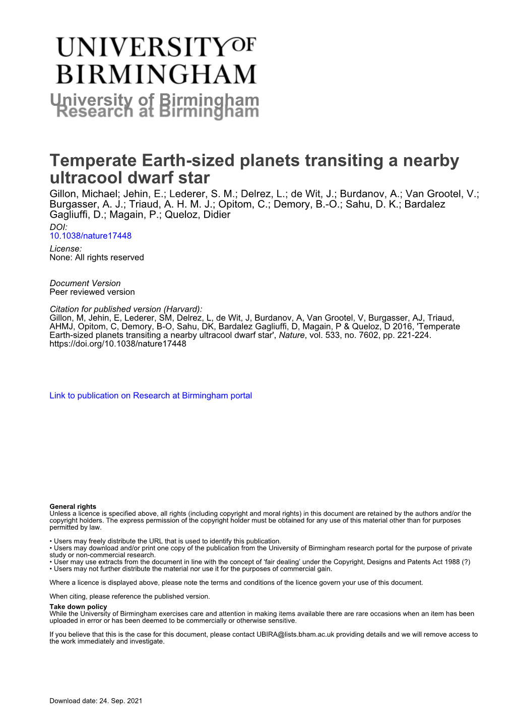 Temperate Earth-Sized Planets Transiting a Nearby Ultracool Dwarf Star Gillon, Michael; Jehin, E.; Lederer, S