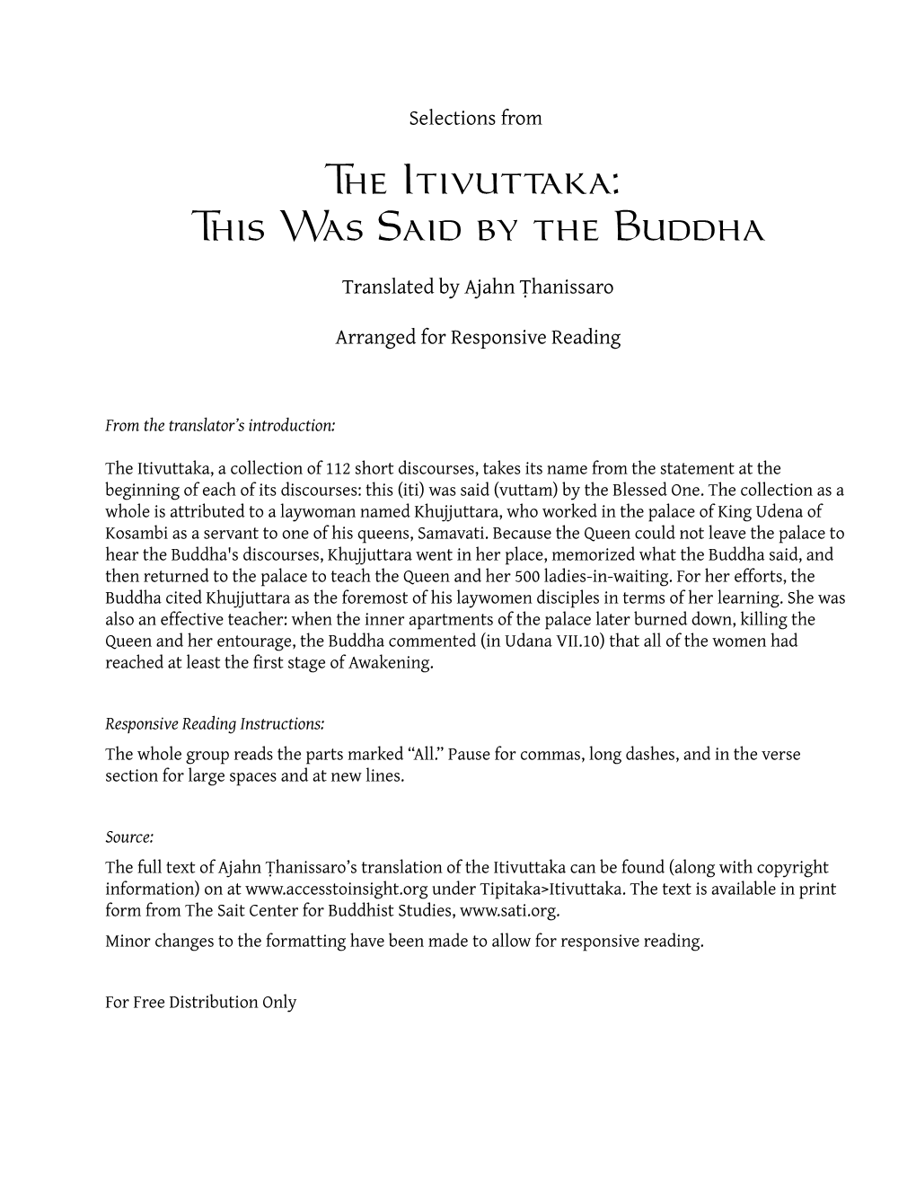 The Itivuttaka: This Was Said by the Buddha