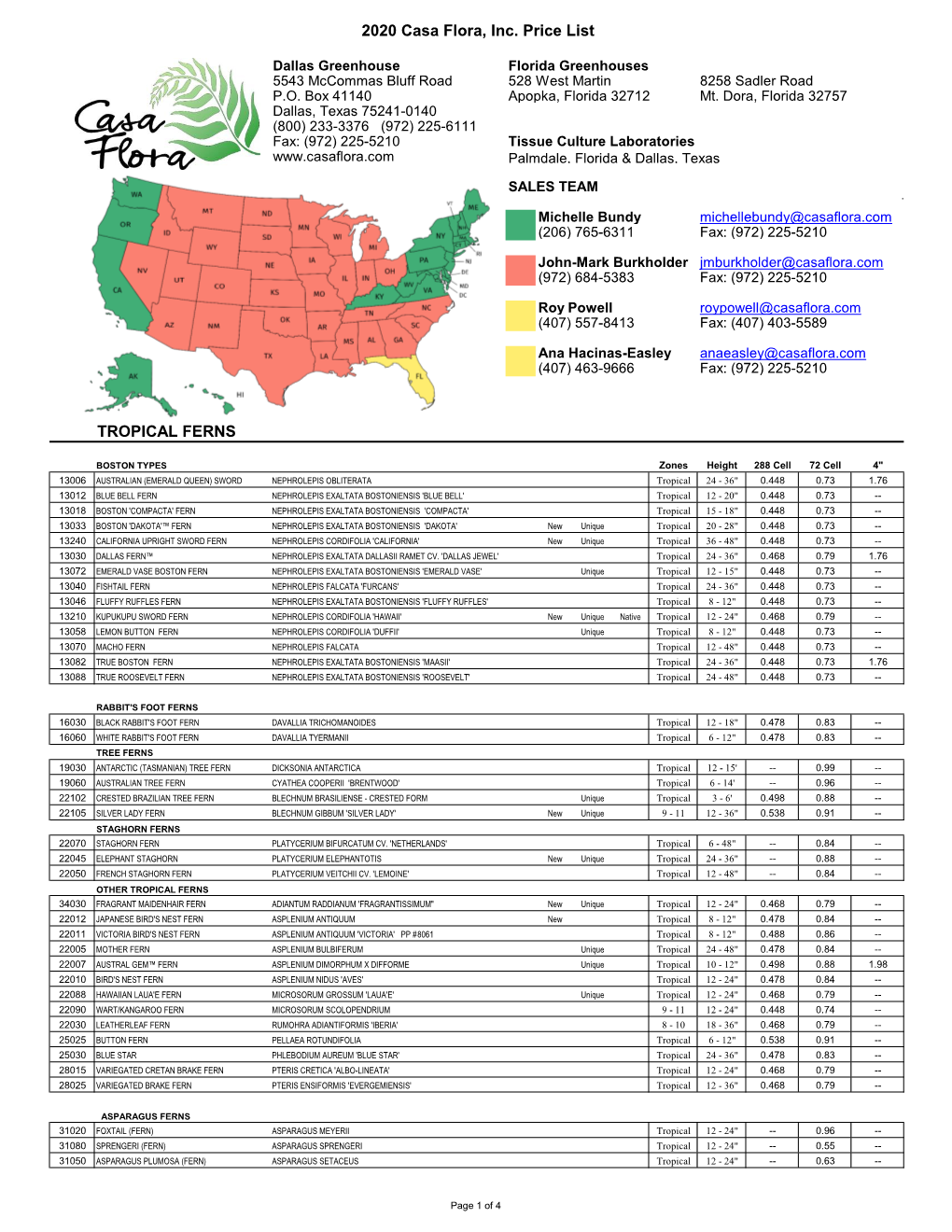 2020 Casa Flora, Inc. Price List TROPICAL FERNS