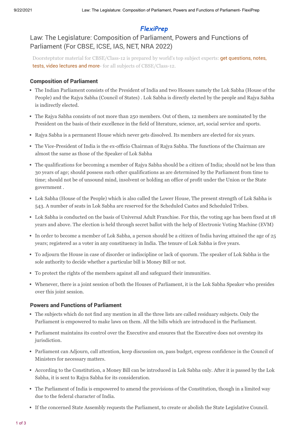 The Legislature: Composition of Parliament, Powers and Functions of Parliament- Flexiprep