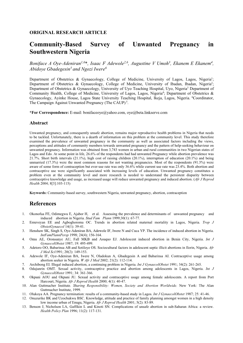 Community-Based Survey of Unwanted Pregnancy in Southwestern Nigeria