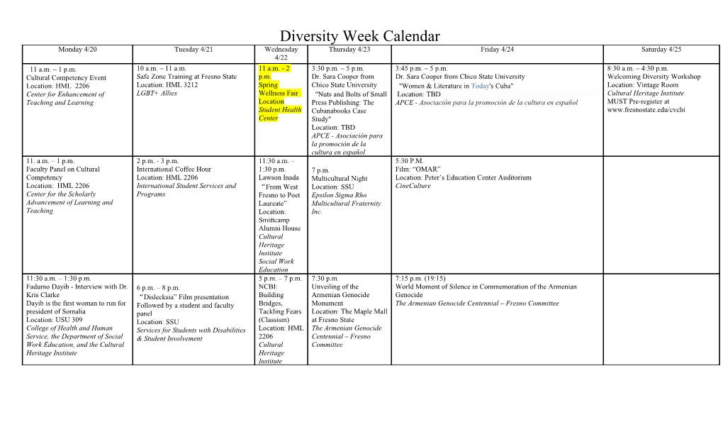 Diversity Week Calendar