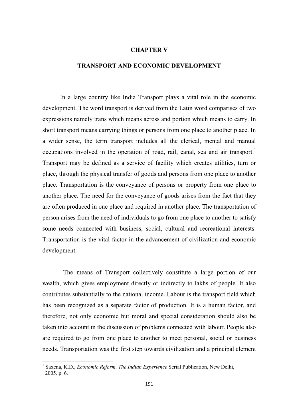 CHAPTER V TRANSPORT and ECONOMIC DEVELOPMENT in A