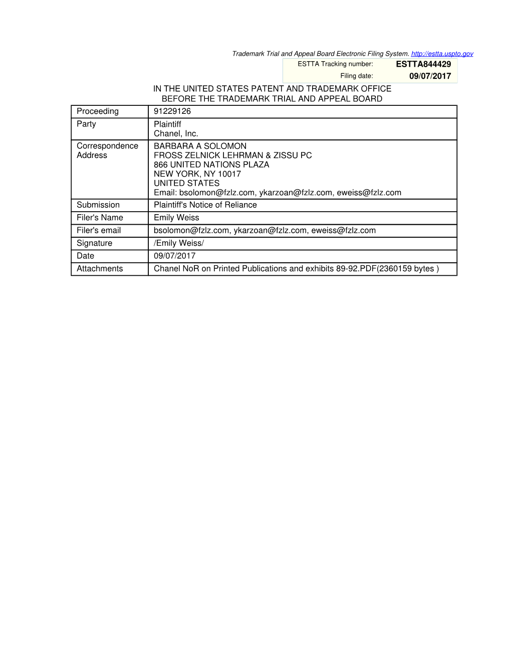 Estta844429 09/07/2017 in the United States Patent And