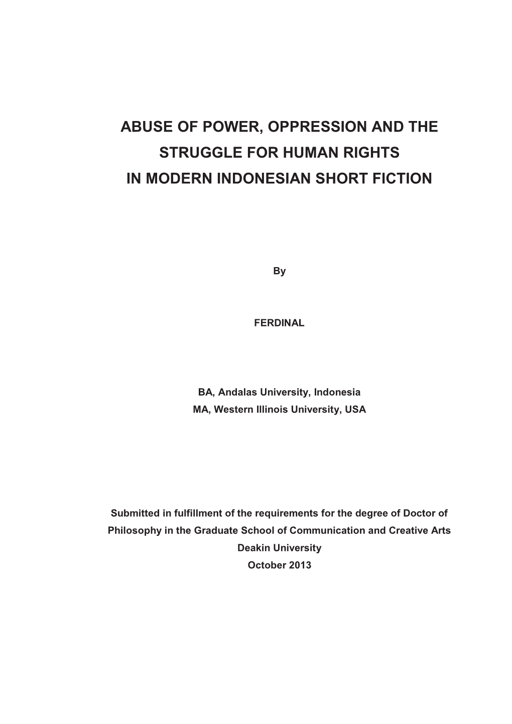 Abuse of Power, Oppression and the Struggle for Human Rights in Modern Indonesian Short Fiction