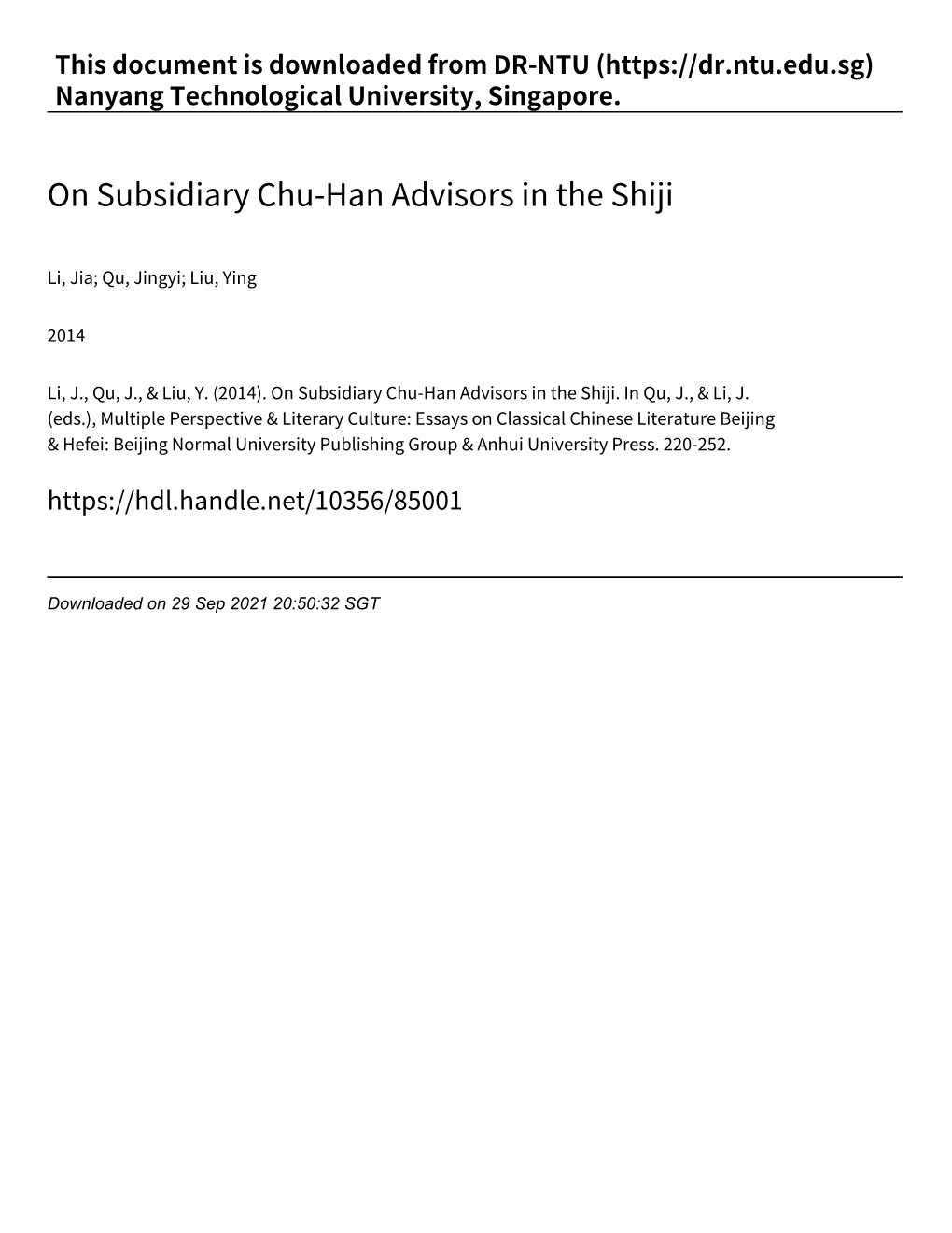 On Subsidiary Chu‑Han Advisors in the Shiji