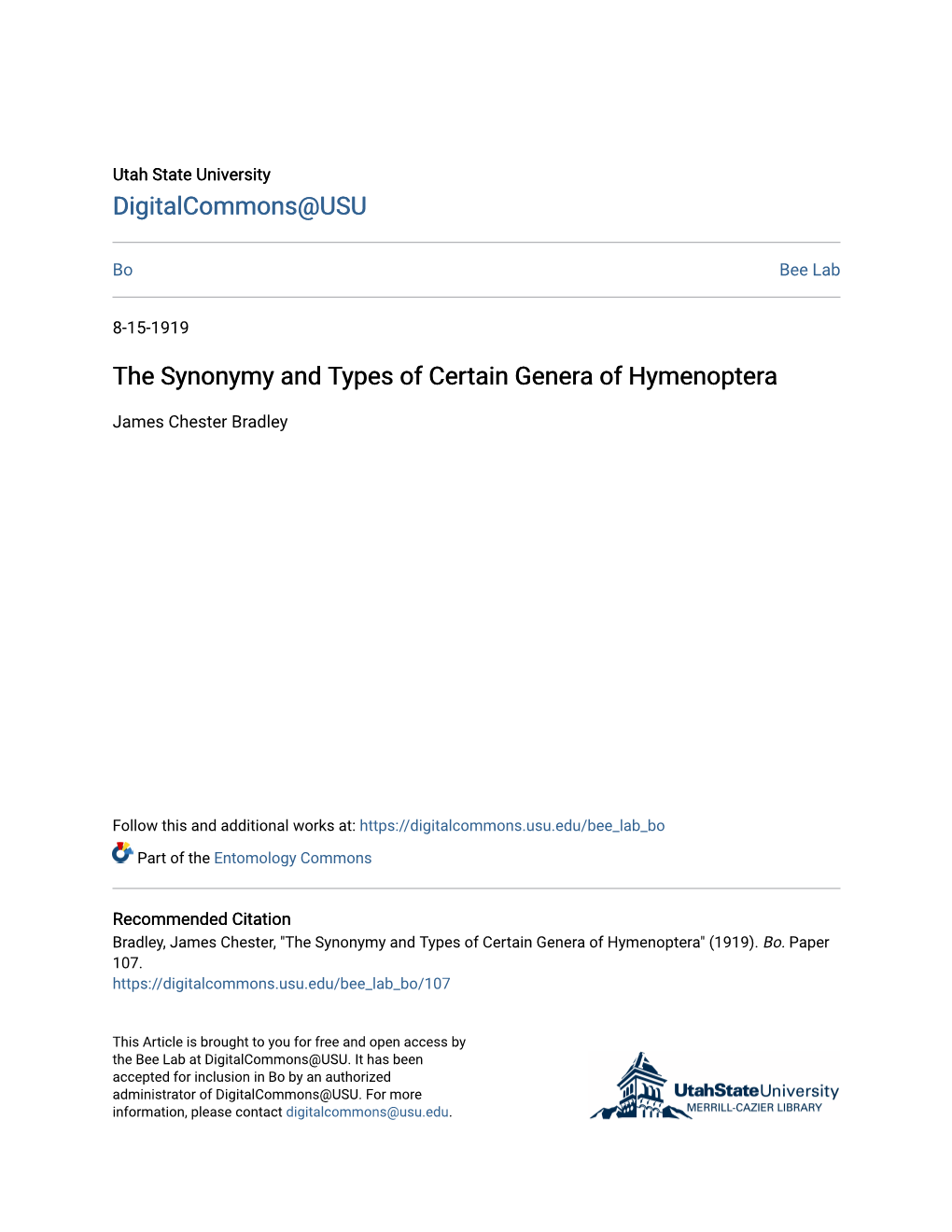 The Synonymy and Types of Certain Genera of Hymenoptera