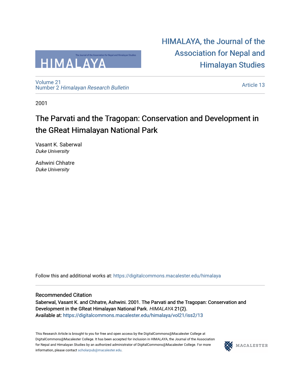 Conservation and Development in the Great Himalayan National Park