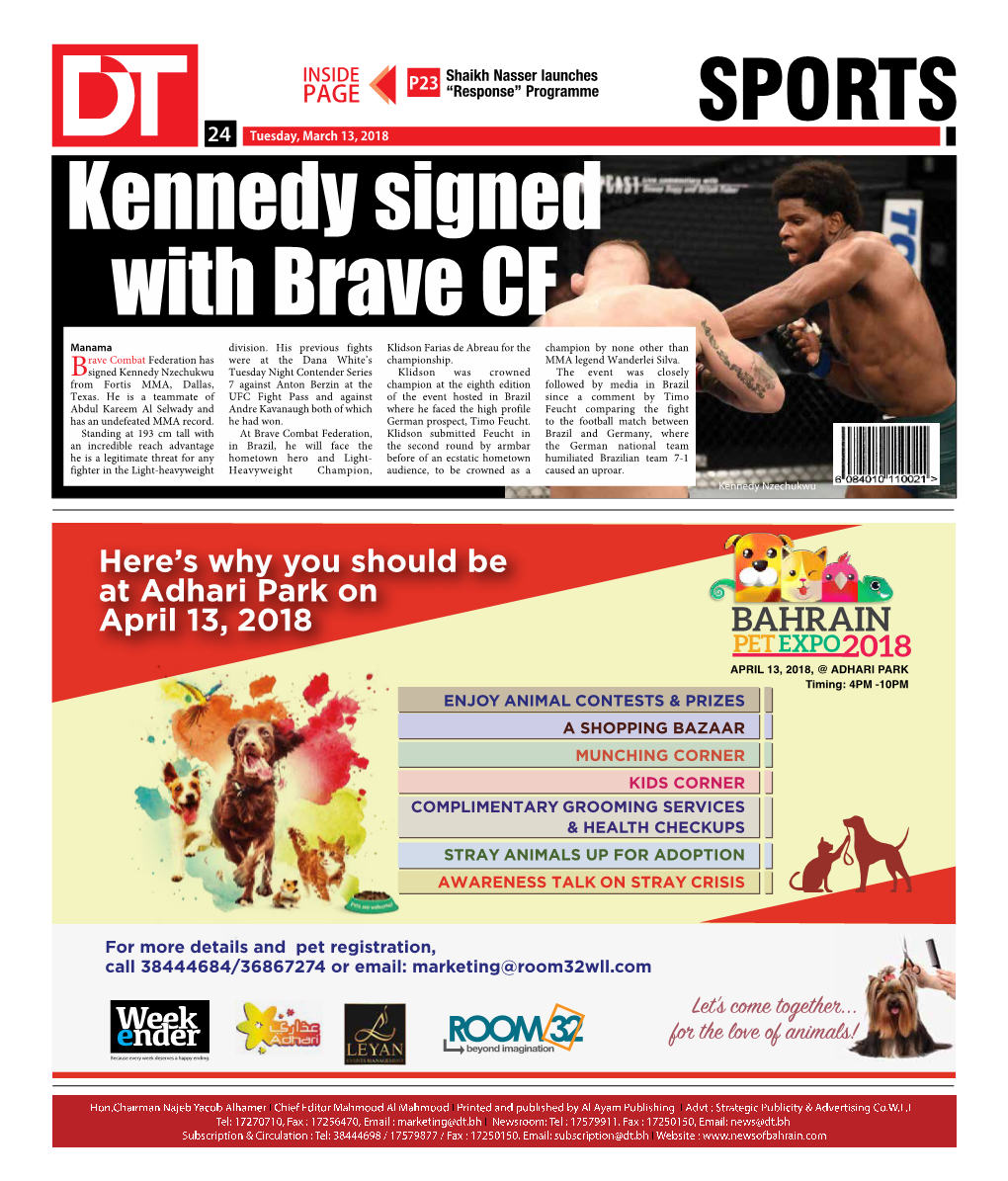 SPORTS 2424 Tuesday, March 13, 2018 Kennedy Signed with Brave CF Manama Division