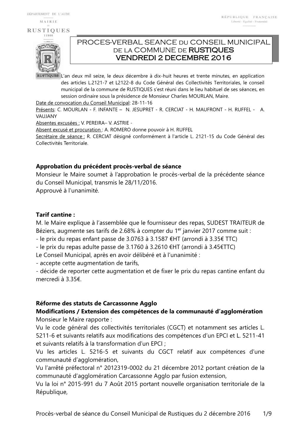 PROCES-VERBAL SEANCE Du CONSEIL MUNICIPAL De La COMMUNE De RUSTIQUES