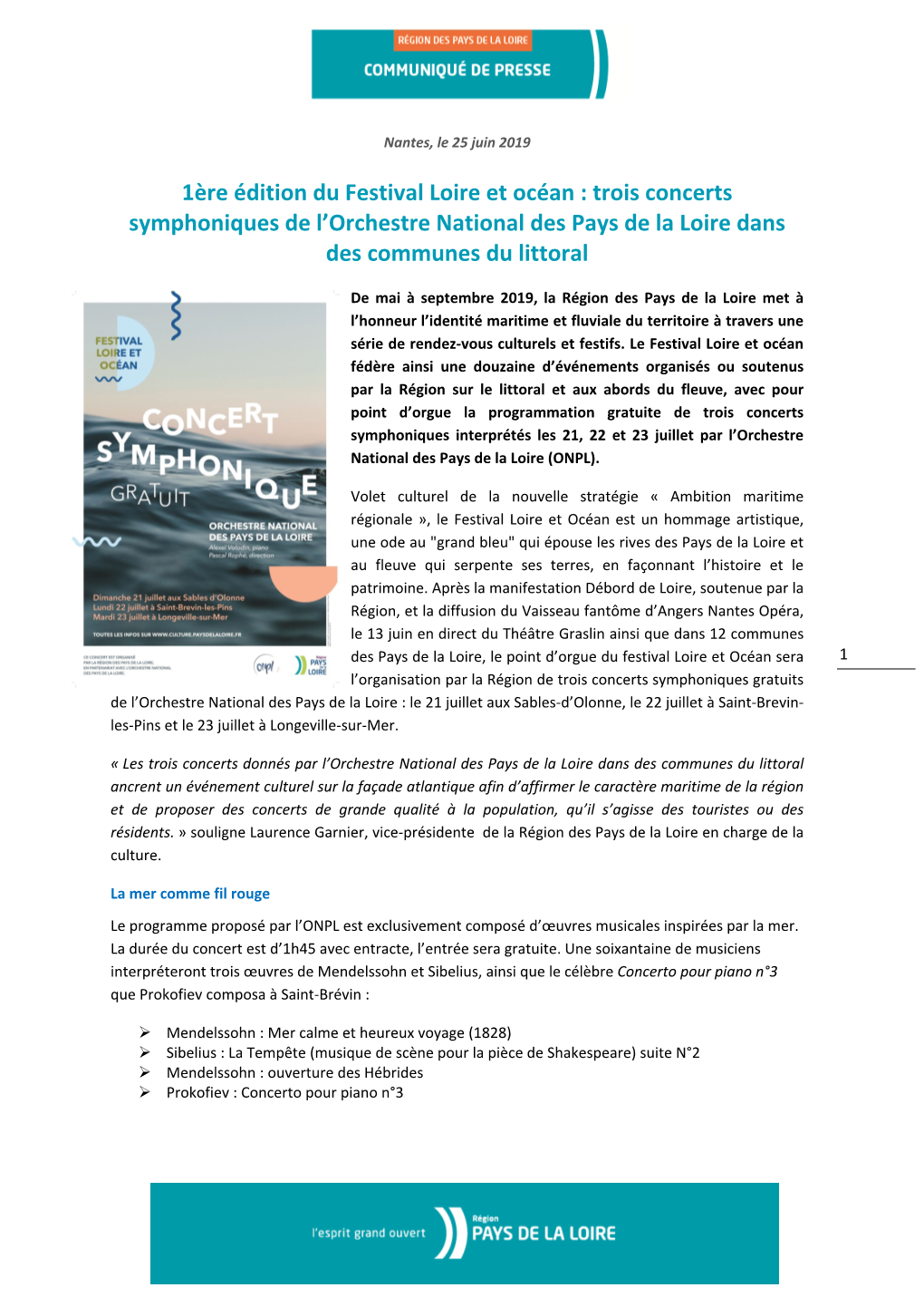 1Ère Édition Du Festival Loire Et Océan : Trois Concerts Symphoniques De L’Orchestre National Des Pays De La Loire Dans Des Communes Du Littoral