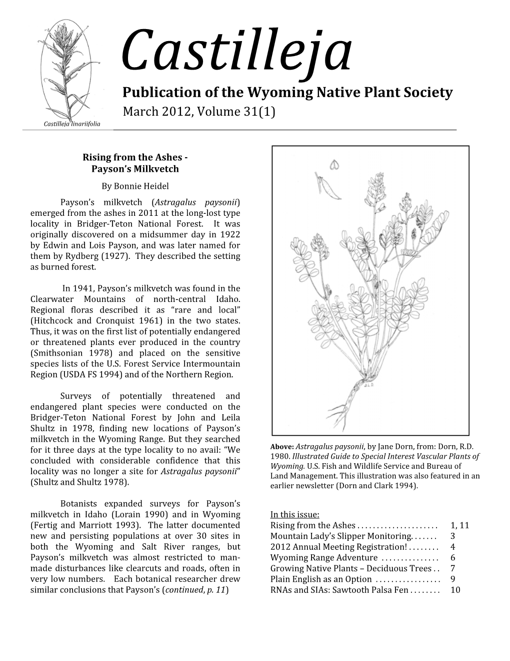 Publication of the Wyoming Native Plant Society March 2012, Volume 31(1) Castilleja Linariifolia