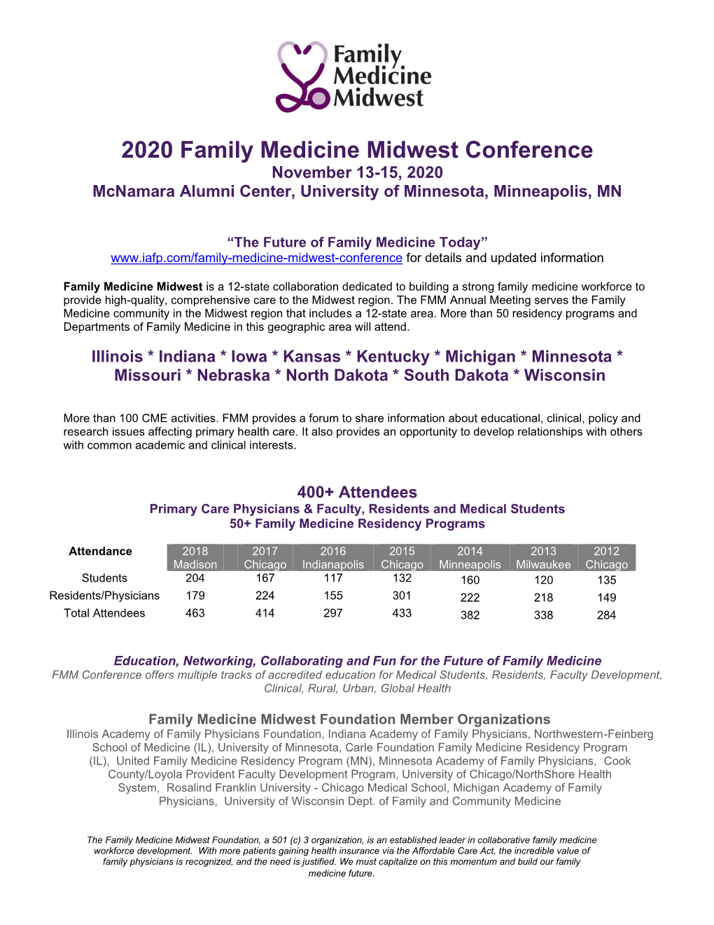 2020 Family Medicine Midwest Conference November 13-15, 2020 Mcnamara Alumni Center, University of Minnesota, Minneapolis, MN