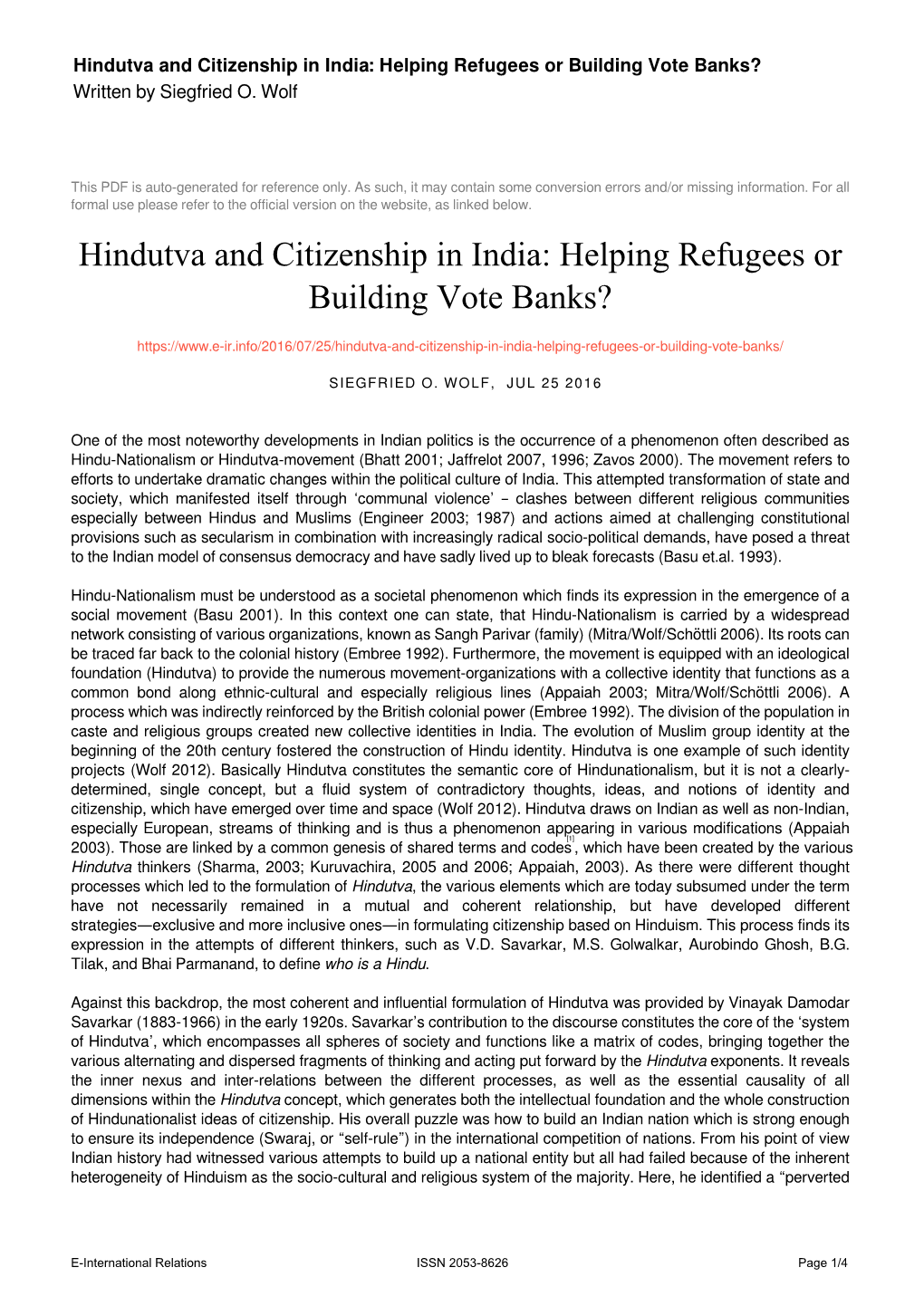 Hindutva and Citizenship in India: Helping Refugees Or Building Vote Banks? Written by Siegfried O