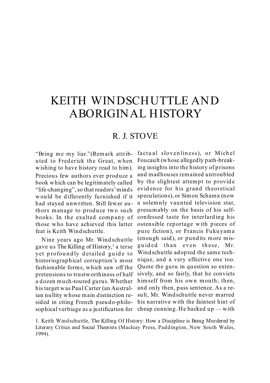 Keith Windschuttle and Aboriginal History