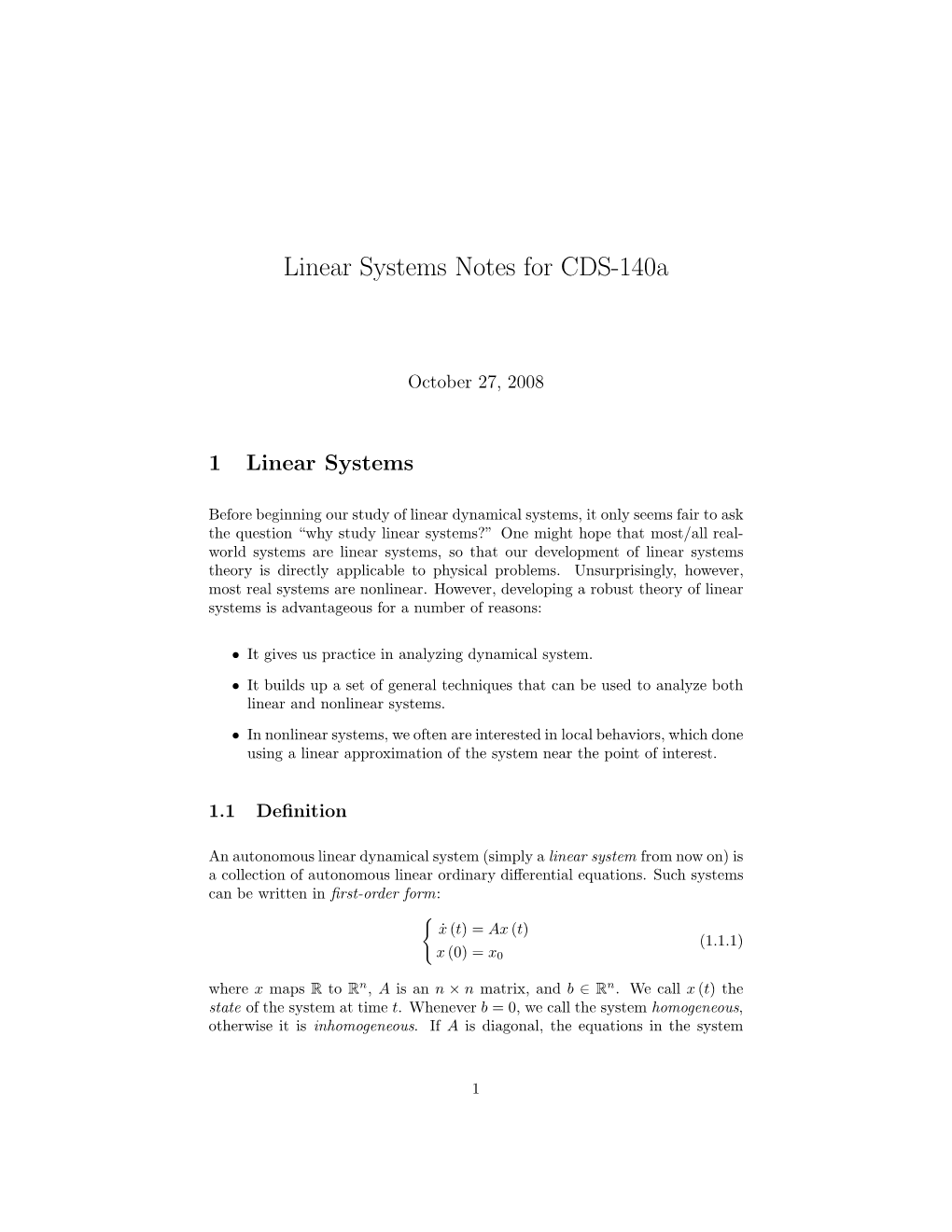 Linear Systems Notes for CDS-140A