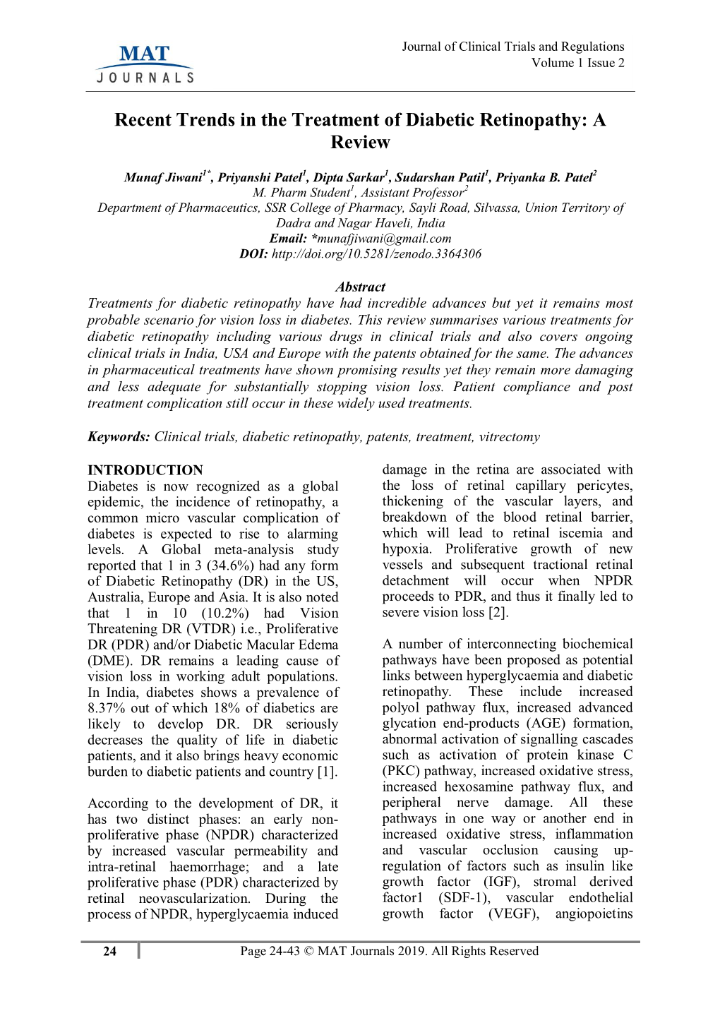 Recent Trends in the Treatment of Diabetic Retinopathy: a Review