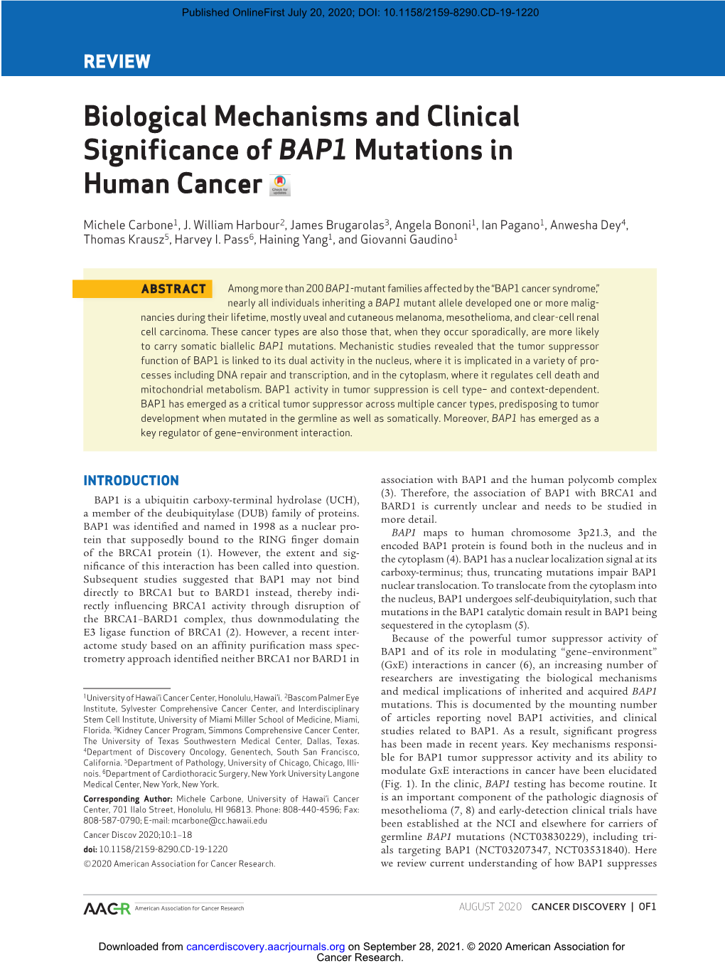 Biological Mechanisms and Clinical Significance of BAP1 Mutations in Human Cancer