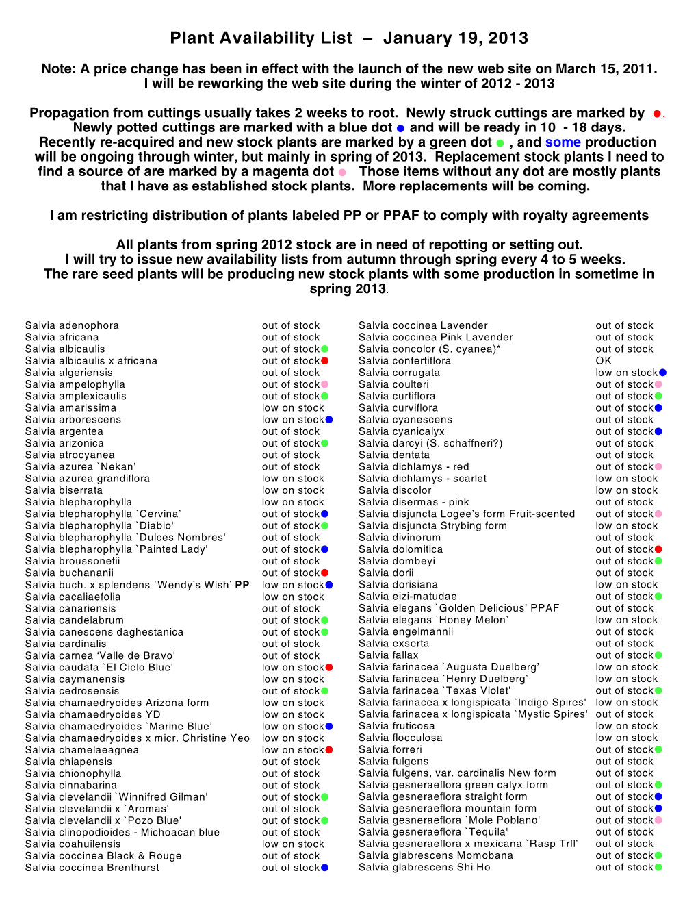 Plant Availability List – January 19, 2013
