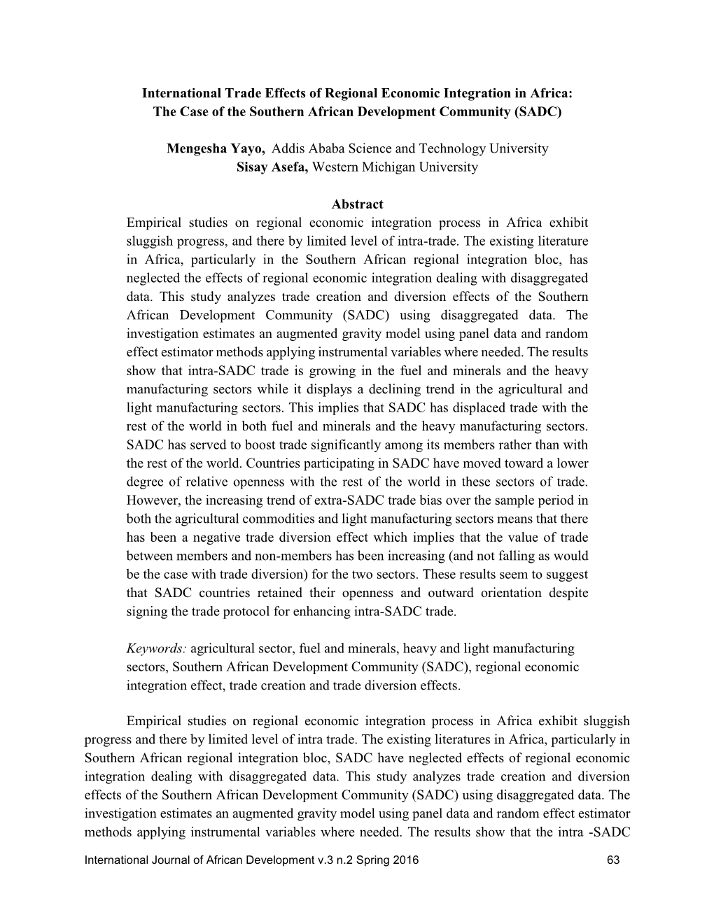 International Trade Effects of Regional Economic Integration in Africa: the Case of the Southern African Development Community (SADC)