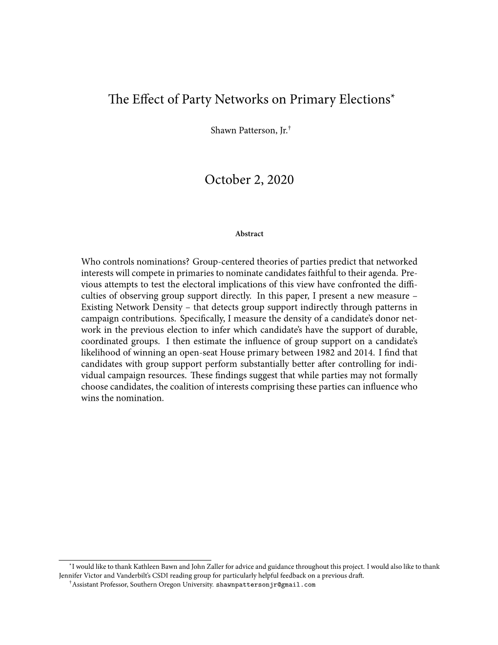 The Effect of Party Networks on Primary Elections October 2, 2020