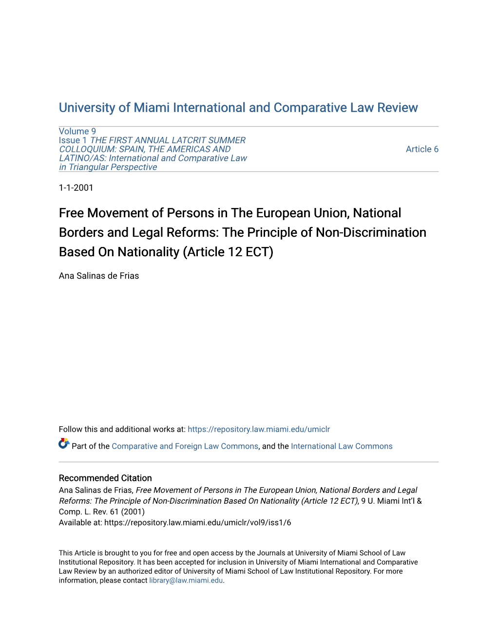 Free Movement of Persons in the European Union, National Borders and Legal Reforms: the Principle of Non-Discrimination Based on Nationality (Article 12 ECT)